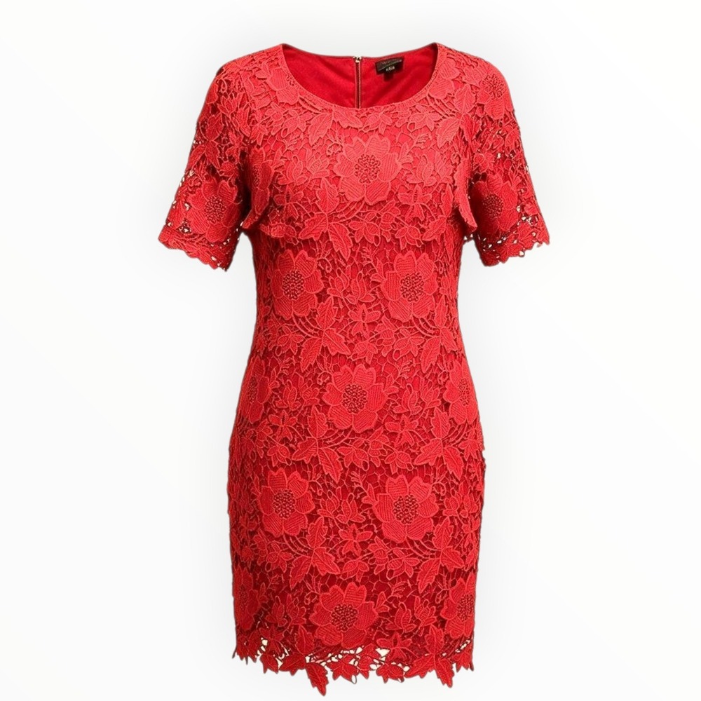 Trulli Red Floral Lace Sheath Dress Short Sleeve Scalloped Hem Womens Size 18
